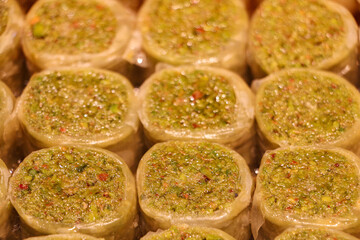 completely homemade pistachio Turkish baklava. selective focus