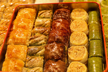 completely homemade pistachio Turkish baklava. selective focus