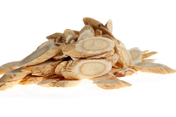 Chinese herbal medicine astragalus membranaceus on a white backg
