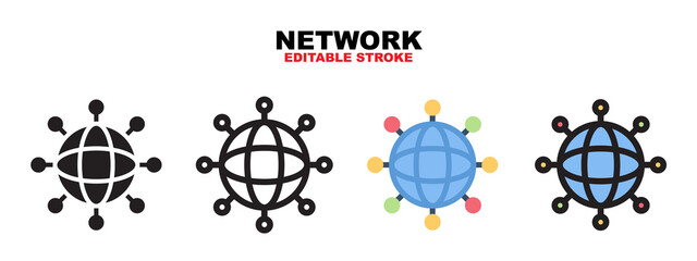 Network icon with different style. Icons are designed in full color, outline, flat, glyphs and lines. Perfectly editable strokes and pixels. Works for web, mobile, ui and more.