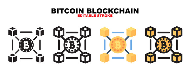 Bitcoin blockchain icon with cryptocurrency collection. Icons are designed in full color, outline, flat, glyphs and lines. Perfectly editable strokes and pixels. Can use for web, mobile, ui and more.