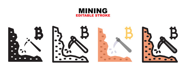 Outline, glyph black, flat color and filled line color, icon symbol set, mining bitcoin concept, Isolated vector design, editable stroke