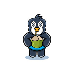 cartoon animal cute penguin holding a coconut