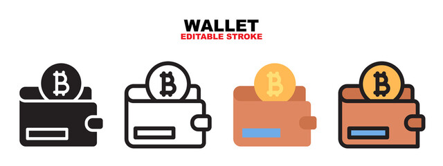 Outline, glyph black, flat color and filled line color, icon symbol set, wallet bitcoin concept, Isolated vector design, editable stroke