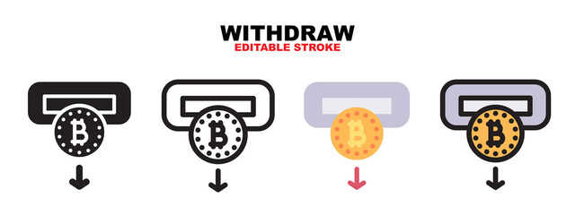Outline, glyph black, flat color and filled line color, icon symbol set, withdrawal bitcoin concept, Isolated vector design, editable stroke