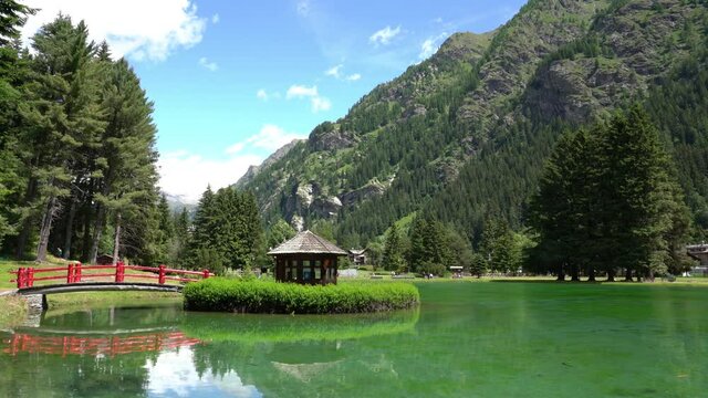 Idyllic summer view at Gressoney-Saint-Jean, in the Lys Valley. Aosta Valley, northern Italy.