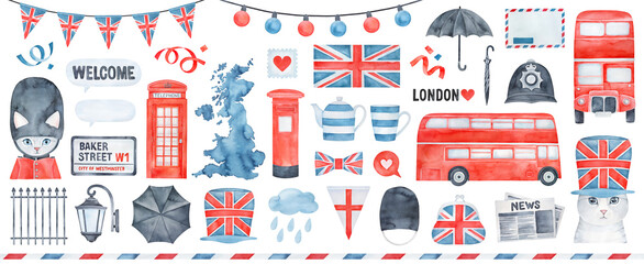 Big watercolour illustration collection of traditional signs of United Kingdom: Union Jack national flag, black classic umbrella, red colored bus, UK silhouette, cute bunting, blue teapot and teacup. - 445479300