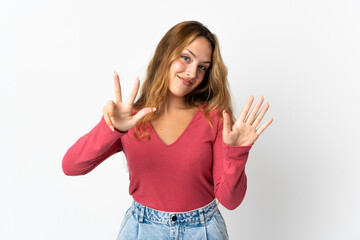 Fototapeta na wymiar Young blonde woman isolated on blue background counting eight with fingers