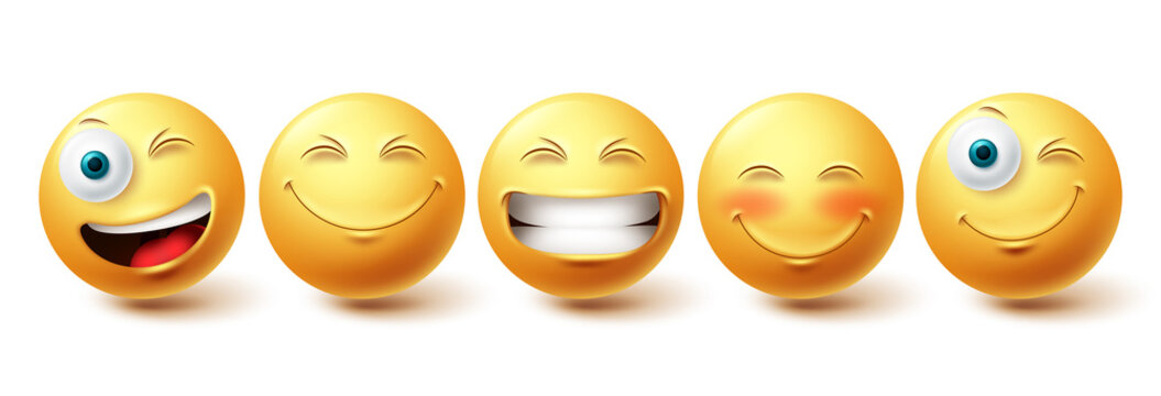 Smileys emoji happy face vector set. Smiley icons and emoticon with funny, happy and winking facial expressions in yellow color isolated in white background. Vector illustration