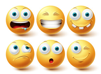 Smiley funny emoji vector set. Smileys yellow emoticon funny, happy and disappointed icon collection isolated in white background for graphic elements design. Vector illustration
 - obrazy, fototapety, plakaty