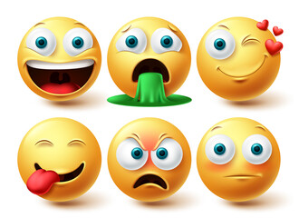 Emoji smileys vector set. Smileys emoticon happy, winking and angry face collection facial expressions isolated in white background for graphic design elements. Vector illustration
 - obrazy, fototapety, plakaty