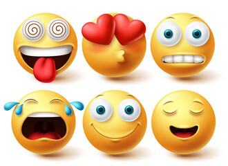 Smiley emoji vector set. Smileys emoticon happy, in love and crying faces icon collection isolated in white background. Vector illustration - obrazy, fototapety, plakaty