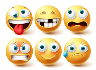 Smiley funny emoji vector set. Smileys emoticon yellow icon collection isolated in white background for graphic elements design. Vector illustration
 - obrazy, fototapety, plakaty