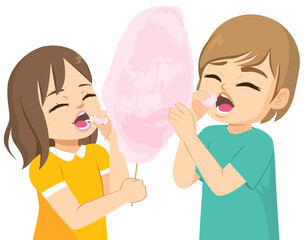Two cute siblings children eating delicious strawberry cotton candy floss together