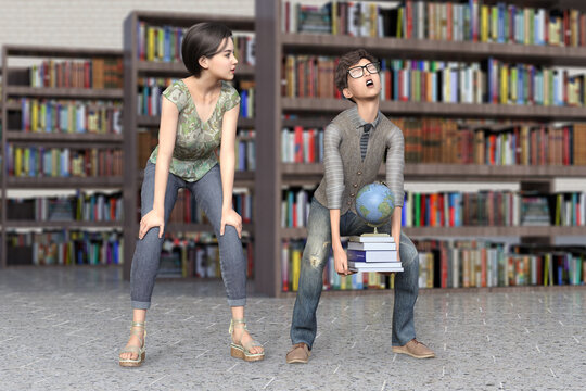 図書館で地球儀と図鑑を重すぎて運べないメガネのがりがりの男の子を心配そうに見る女の子