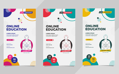 Set of minimalist social media stories post template for Online Education with geometric background