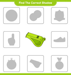 Find the correct shadow. Find and match the correct shadow of Whistle. Educational children game, printable worksheet, vector illustration