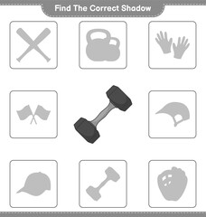 Find the correct shadow. Find and match the correct shadow of Dumbbell. Educational children game, printable worksheet, vector illustration
