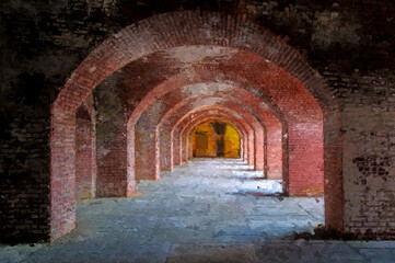 Digital Art. Old brick arches and columns of ancient fort. Conceptual image on historical, religious and travel theme
