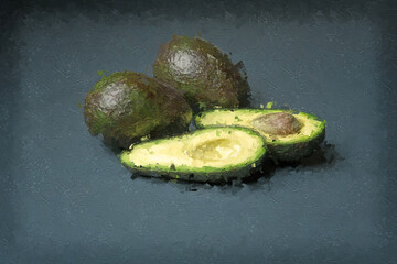 Digital Art. Avocados cut and uncut on dark background. Conceptual image on food, culinary, and fresh theme