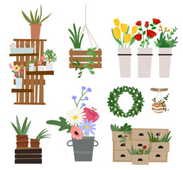 Plant interior props and plants in flower shop. flat design style minimal vector illustration.