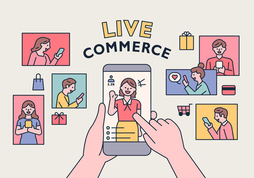 Selling goods on mobile screen and hand is touching the screen. People are shopping around with their smartphones. flat design style minimal vector illustration.
