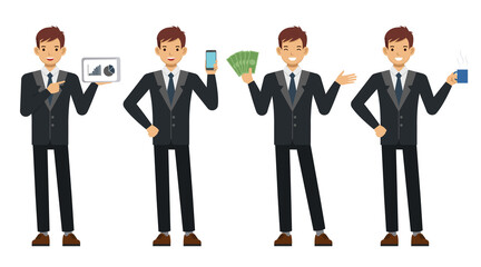 Businessman wear black suit and blue tie character vector design. Presentation in various action.