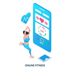 Online fitness concept. A girl in a sports uniform is engaged in fitness at home using a mobile application. Isometric vector illustration on white background.