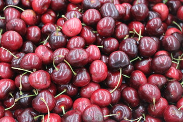 Closeup of fresh cherries in produce market