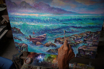 oil  color painting art class , sea ,wave ,birds,boat