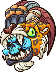 Cartoon colorful Aztec jaguar warrior with blue skull. Vector clip art illustration with simple gradients. All on a single layer.   © Memoangeles
