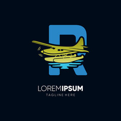 Letter R Water Plane Logo Design Vector Graphic Icon Emblem Illustration 