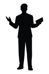 Presenting businessman with tablet in hand silhouette vector on white background