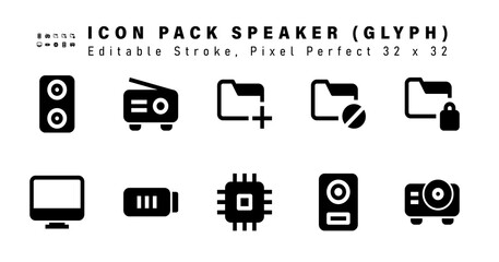 Fototapeta na wymiar Icon Set of Speaker Glyph Icons. Contains such Icons as Archive, Computer, Battery Charger, Processor Cpu etc. Editable Stroke. 32 x 32 Pixel Perfect