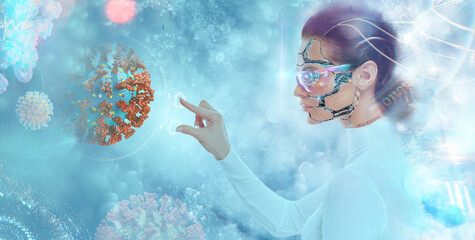 Artificial Intelligence Medical Cyborg Female Doctor working with holographic model of corona virus in virtual space computer laboratory