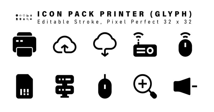 Icon Set of Printer Glyph Icons. Contains such Icons as Mouse Wifi, Micro Sd, Storage, Mouse etc. Editable Stroke. 32 x 32 Pixel Perfect