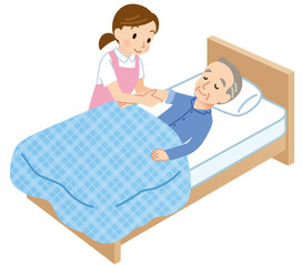 高齢者と介護士　健康状態の確認