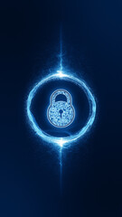 Blue security key with blue energy ball particle abstract backgrounds