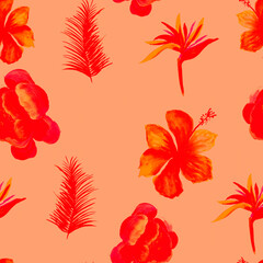 Pink Pattern Foliage. Red Seamless Leaf. Coral Tropical Plant. Ruby Flower Leaves. Scarlet Wallpaper Nature. Decoration Plant. Watercolor Background.