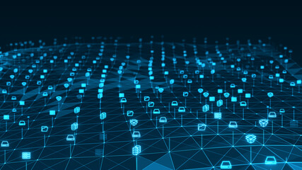 Blue digital stoage icon and line linked network connection futuristic technology abstract background concept