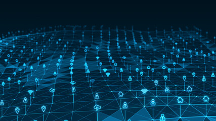 Blue futuristic technology icon and line linked network connection abstract background concept