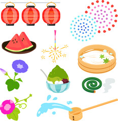 日本の夏の風物詩のイラストセット