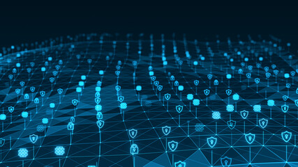 Obraz premium Blue futuristic security icon and line linked network connection technology abstract background concept