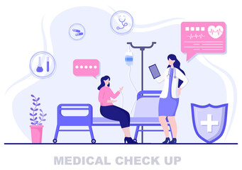 Medical Health Check up Background Landing Page Illustration. Doctor Taking Care of Patient Measuring Blood Pressure Or Heart For Making Banner and Other