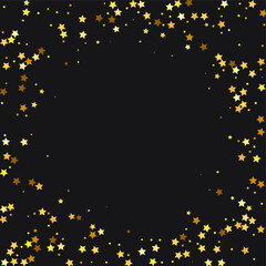 Fototapeta na wymiar Star Sequin Confetti on Transparent Background. Isolated Flat Birthday Card. Golden Stars Banner. Vector Gold Glitter. Falling Particles on Floor. Voucher Gift Card Template. Christmas Party Frame.