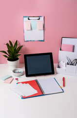 Desk in child's room. Close-up of cozy workspace in student's room.
