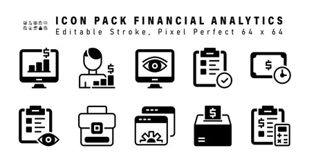 Icon Set of Financial Analytics Glyph Icons. Contains such Icons as Time Is Money, Monitoring,  Business Case, Website Settings etc. Editable Stroke. 64 x 64 Pixel Perfect