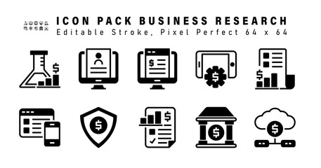 Icon Set of Business Research Glyph Icons. Contains such Icons as  Business Report, User Interface Design, Money Insurance, Business Graph etc. Editable Stroke. 64 x 64 Pixel Perfect