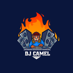 Vector Logo Illustration DJ Camel Mascot Cartoon Style.