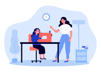 Mother teaching daughter to use sewing machine. Woman explaining to girl how to make or repair clothes flat vector illustration. Family, education concept for banner, website design or landing page